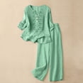 thumbnail image 4 of CIENVNSTG Linen Sets For Women 2 Piece Casual Vneck Embroidered 3/4 Sleeve Tops Wide Leg Linen Pants Set Mature Women Clothing Light Green M, 4 of 7