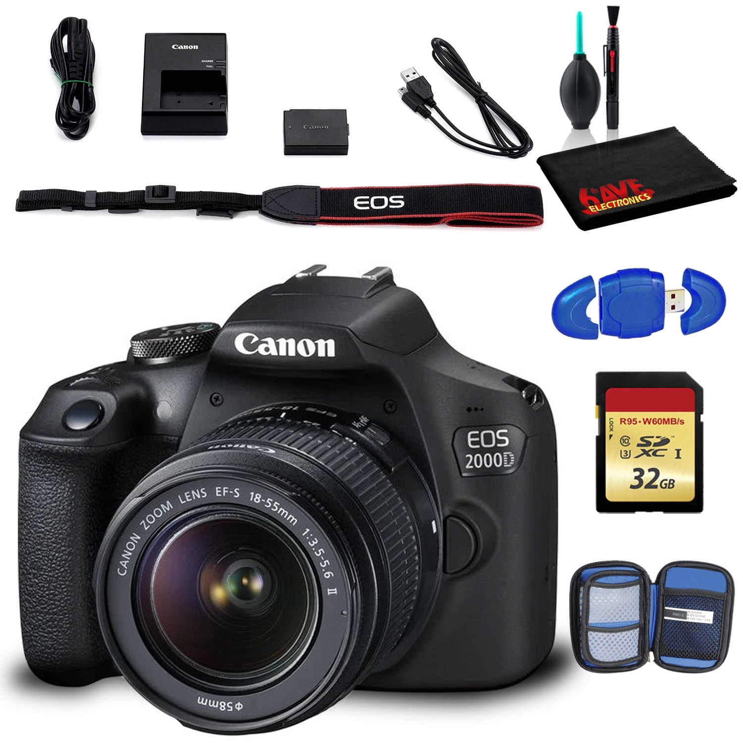 Canon EOS 2000D DSLR Camera with EF-S 18-55mm F/3.5-5.6 IS II Lens (Intl Model) with Cleaning Kit and 32GB Memory Kit(International Model)