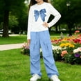 thumbnail image 2 of Girls Outfit Sets Nelozsy Girls Bow Print Long Sleeve Top Cargo Flare Pants 2Pcs Casual Outfit Set Blue 11-12 Years, 2 of 8
