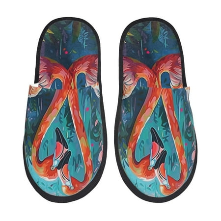 Balery Romantic Flamingo Pair Slient Indoor Furry Fleece Comfort House Shoes Soft Non-Slip Home Shoes Cotton slippers House Slippers-- Medium