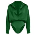 thumbnail image 4 of Women's Long Sleeve Collared Shirt Bodysuit Button Front Stretchy Slim Fit Tucked-in Design for Office Date Nigh Green 2XL, 4 of 8