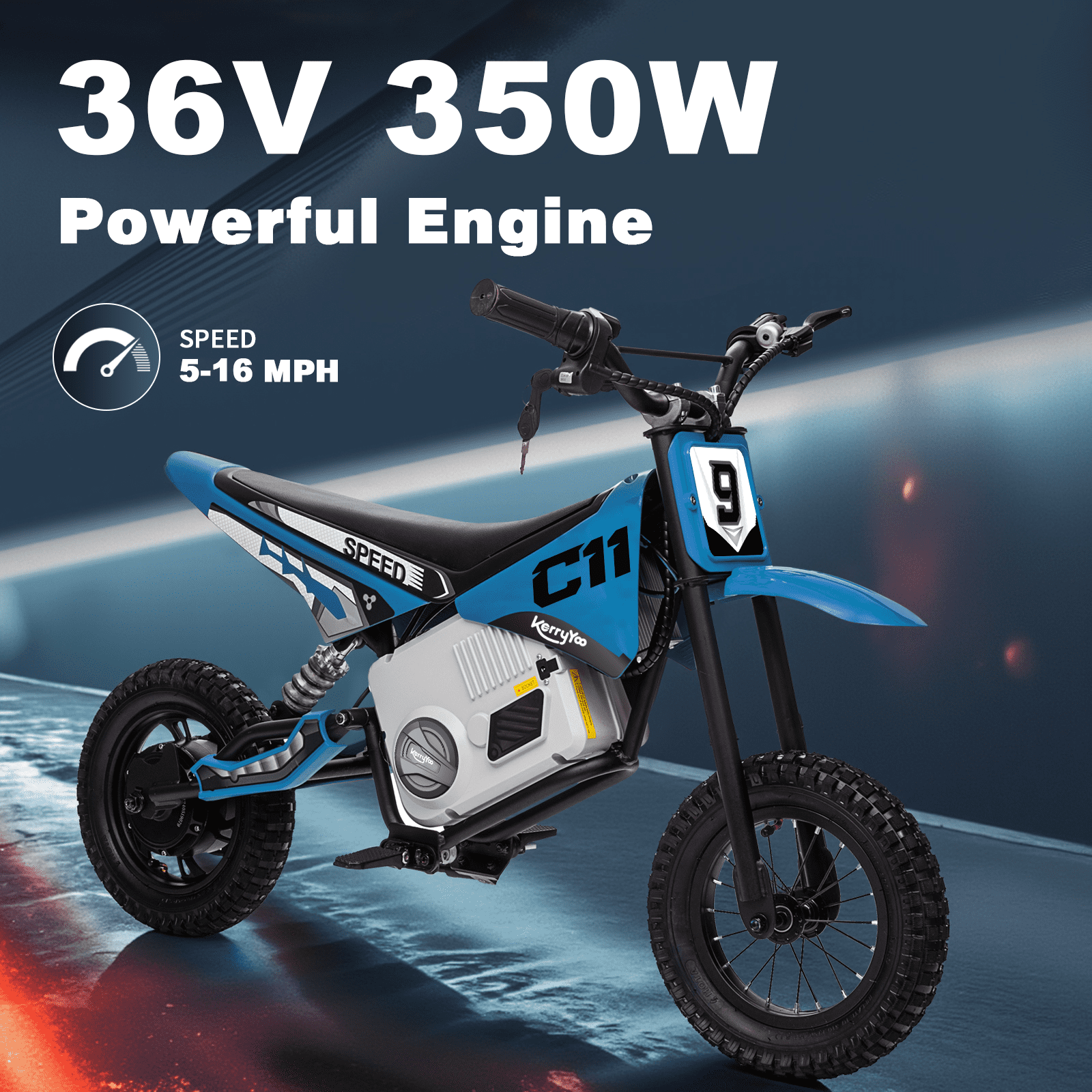 Kerry Yoo C11 36V Electric Dirt Bike for Kids 8-14, 350W Teen Electric Motorcycle, 16 mph, Spring Shock Absorption Suspension - Blue