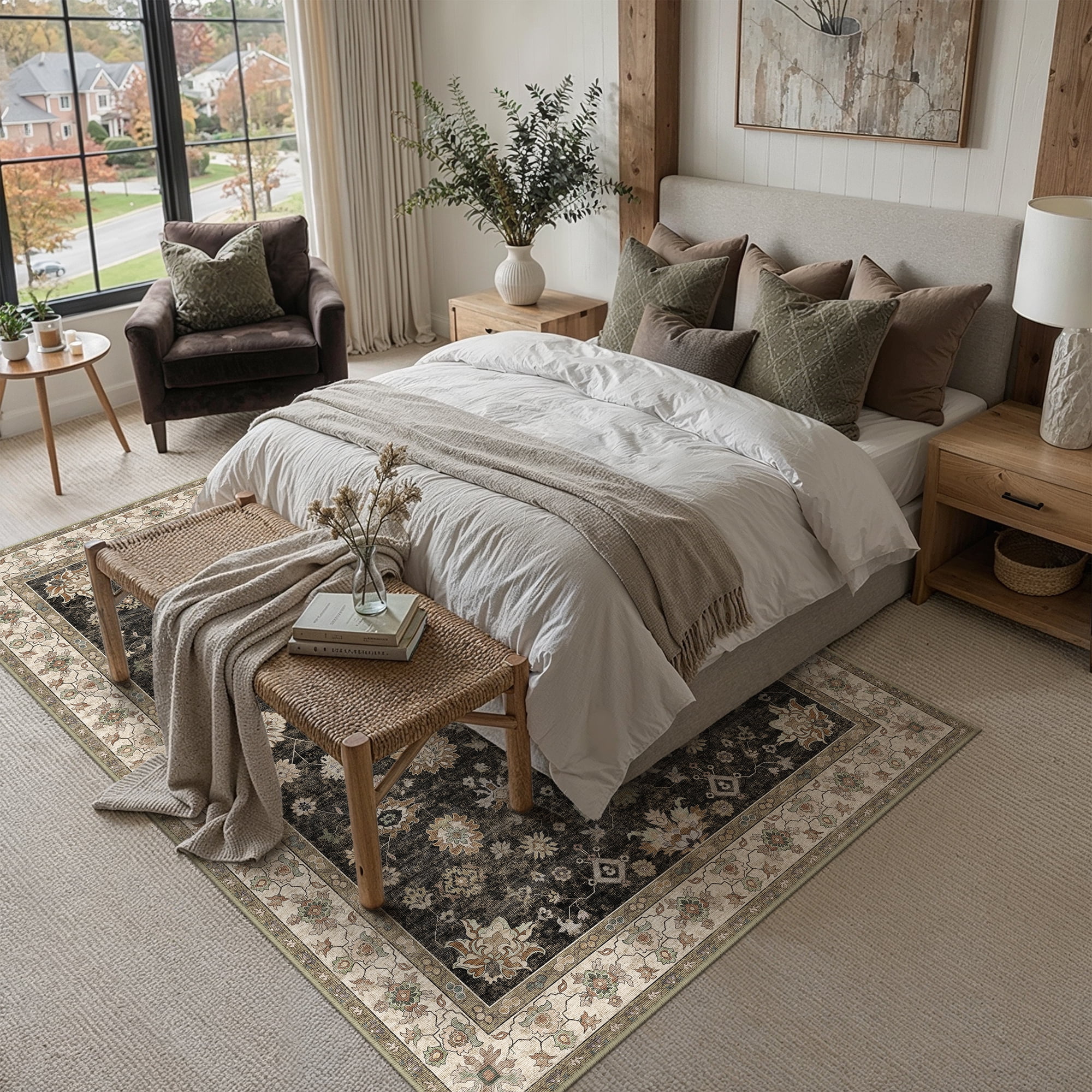 BERTHMEER 6'x9' Vintage Area Rugs for Living Room Black and Gold Rugs for Bedroom Kitchen Non Slip Washable Carpets Office Farmhouse Dorm Dining Room Oriental Traditional Distressed Rugs