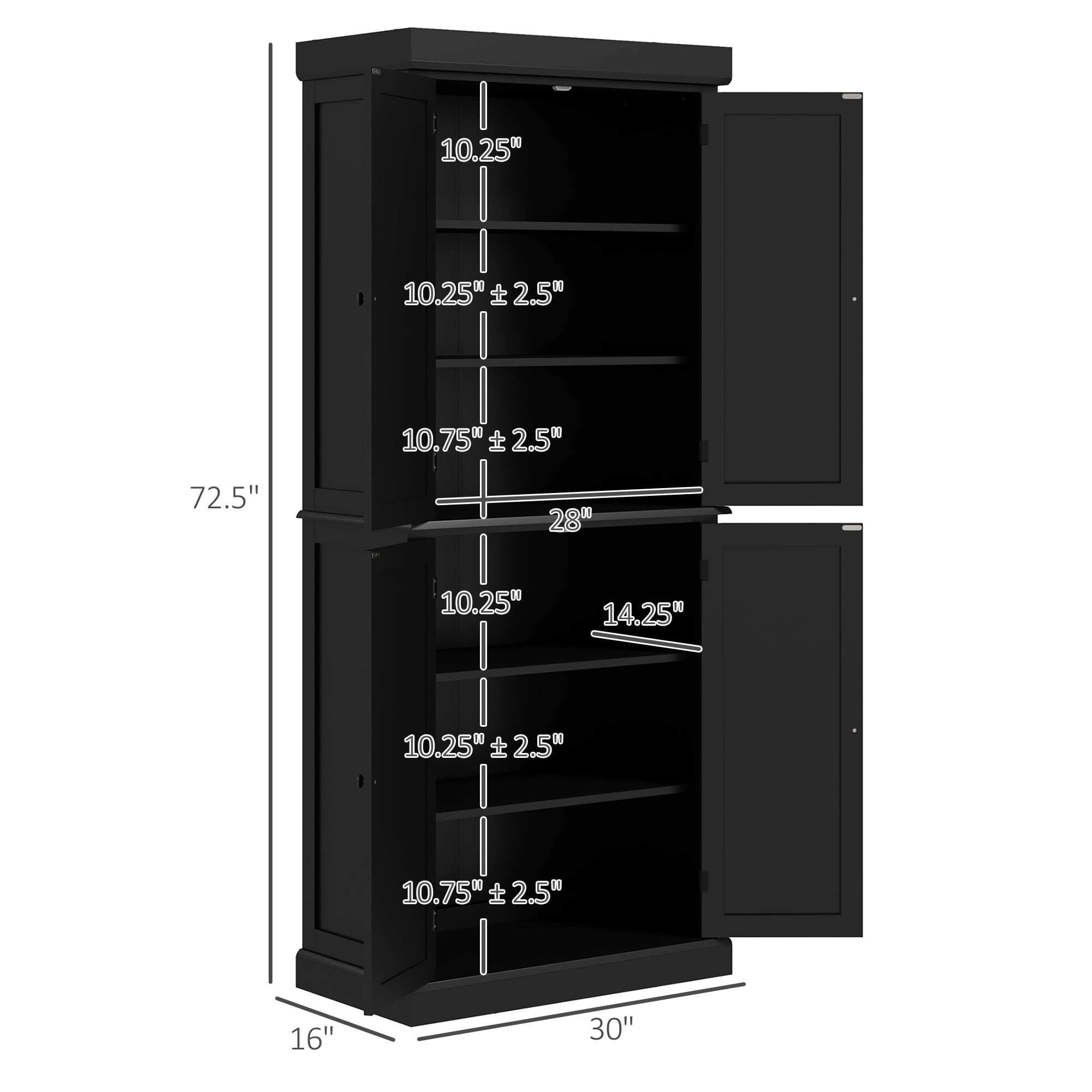 HOMCOM 72" Traditional Freestanding Kitchen Pantry Cupboard with 2 Cabinet, and Adjustable Shelves, Black