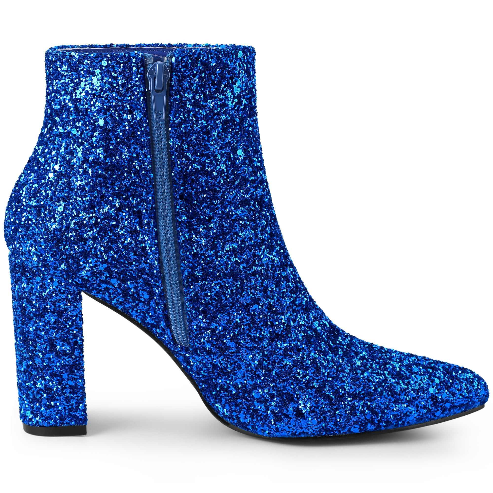 DARING DIVA Glitter Pointed Toe Chunky Heel Ankle Boots Royal Blue 7
