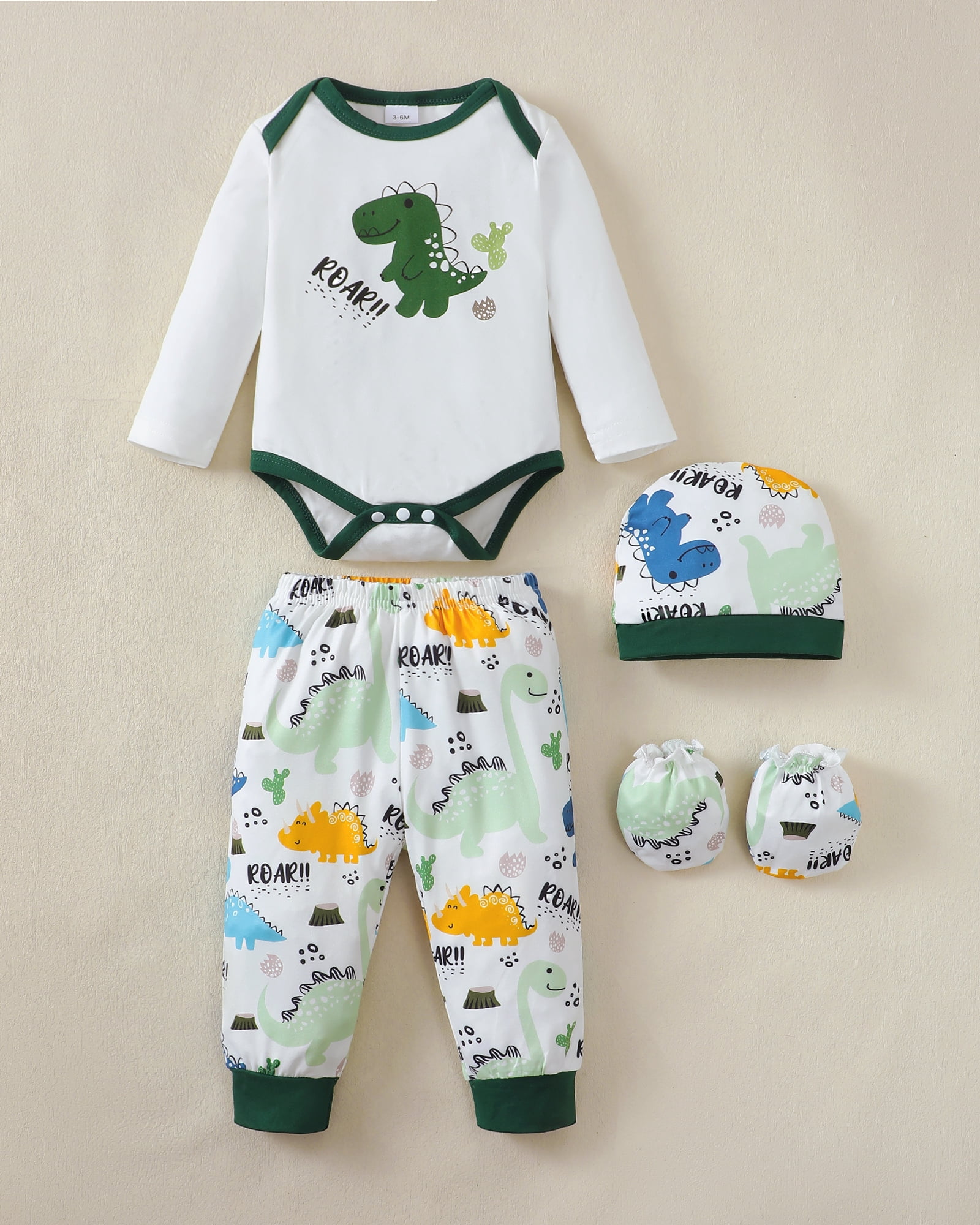 KIMI BEAR Newborn Baby Boys Layette Set 9-12 Months Winter Outfits Long Sleeves Dinosaur Print Romper Top Pants Gloves Hats 4 Packs Shower Gifts 16 Piece Set Green