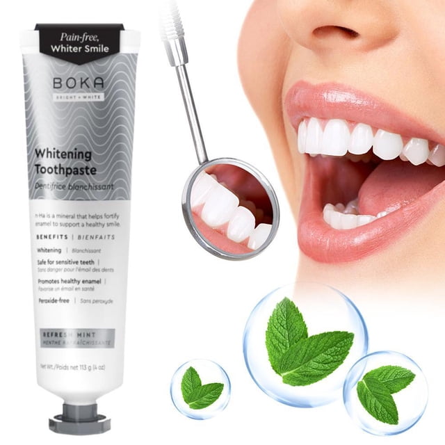 pasta dental sin flúor boka - nanohidroxiapatita remineralizante para dientes sensibles, tubo de 113 g con empaque plateado y boquilla superior, vista frontal; etiqueta indica sabor menta y beneficios para sensibilidad, acompañada de boca abierta con dientes y espejo dental sobre fondo blanco, útil para higiene bucal diaria.
