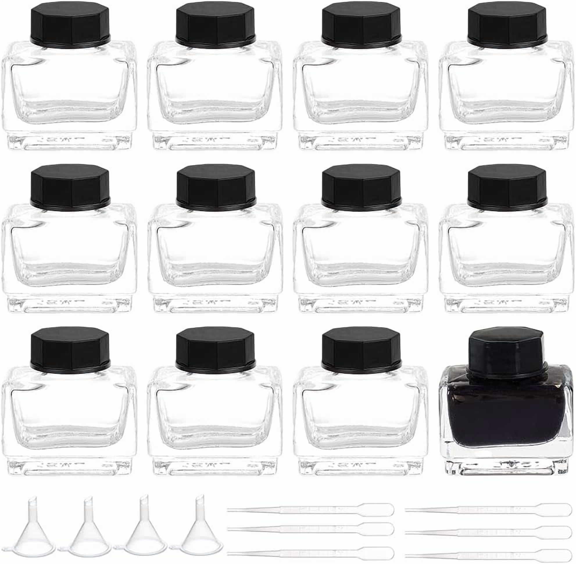 1set 12pcs Glass Fountain Pen Ink Bottle with Plastic Bottle Cap and 4pcs Funnel Hopper & 6pcs Dropper Clear 66x29x29mm Capacity: 18ml(0.61fl. oz)