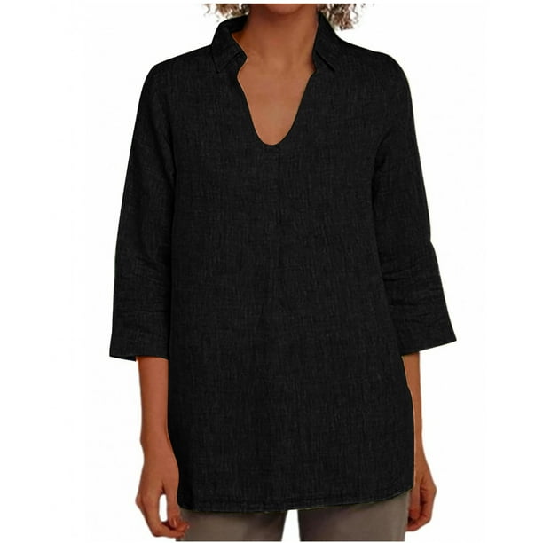 Vestidos Casuales Para Mujer, Blusas De Mujer De Moda Blusa holgada de lino con cuello en V, manga tres cuartos y botones decorativos para mujer.
