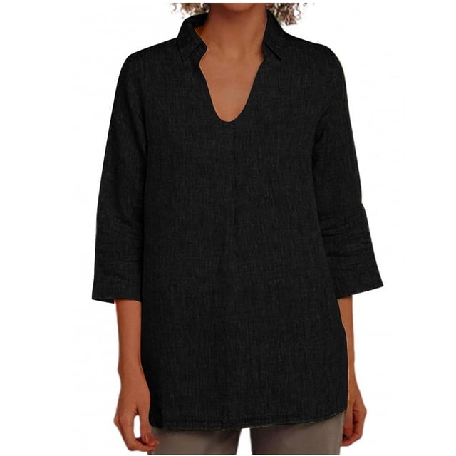 Vestidos Casuales Para Mujer, Blusas De Mujer De Moda Blusa holgada de lino con cuello en V, manga tres cuartos y botones decorativos para mujer.