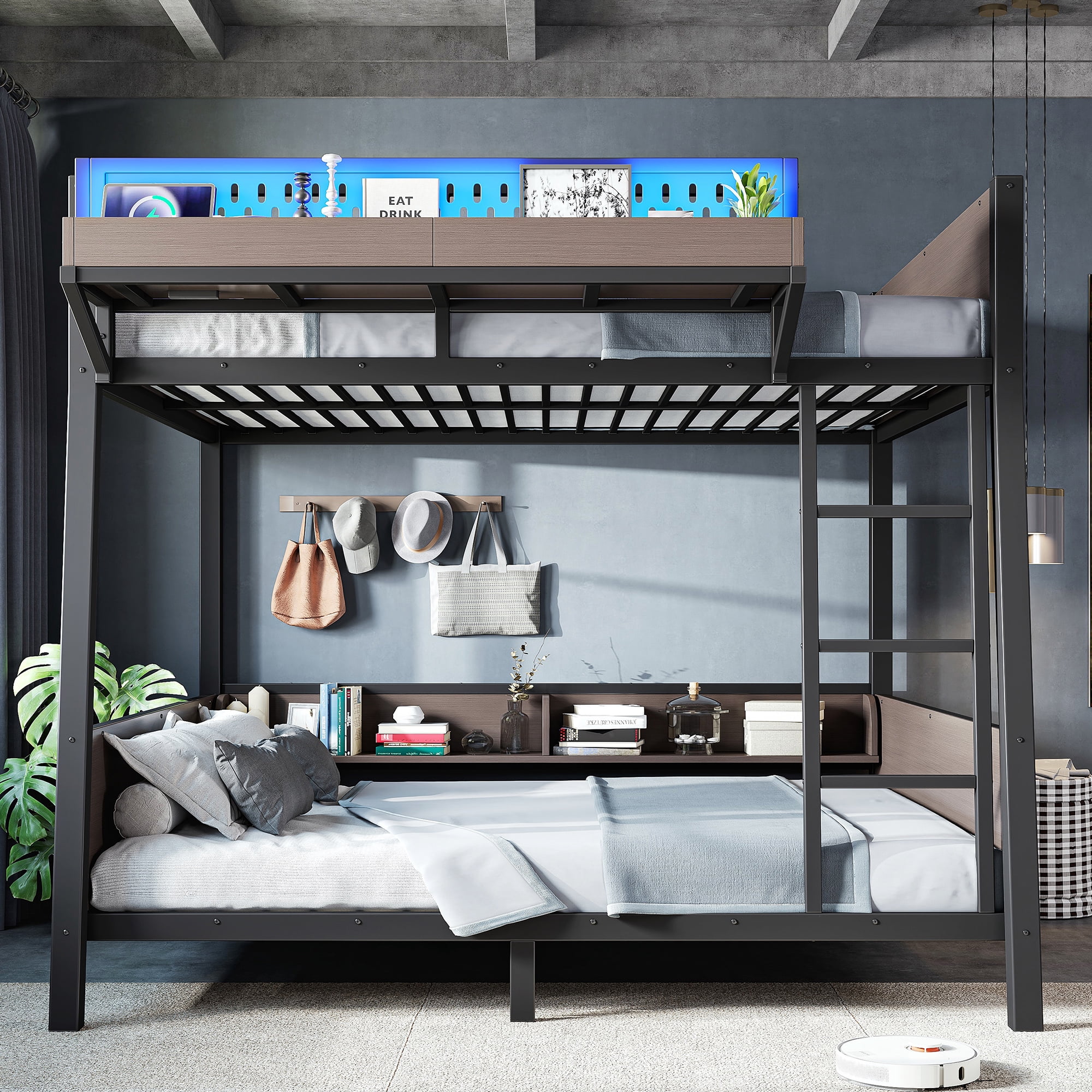 HOQBN Bunk Bed Twin Size with Storage Shelves,Metal Bunk Bed Frame with LED Light and USB Ports,Black