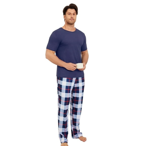 Men's short-sleeved long pants casual check home wear set that can be worn outside
