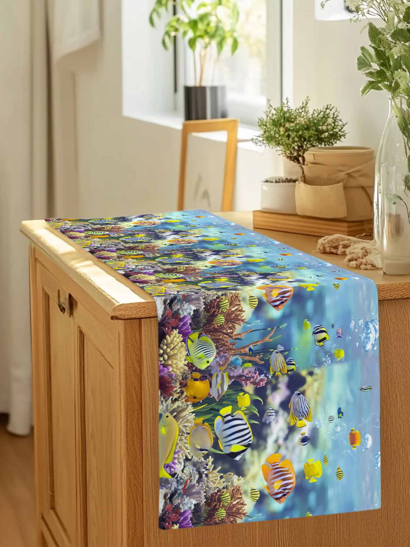 Sea Fish Coral Seaweed Table Runner 90 Inches Long, Summer Blue Ocean Table Runners Tabletop Scarf Kitchen Dining Tables Decoration for Home Party Indoor Outdoor