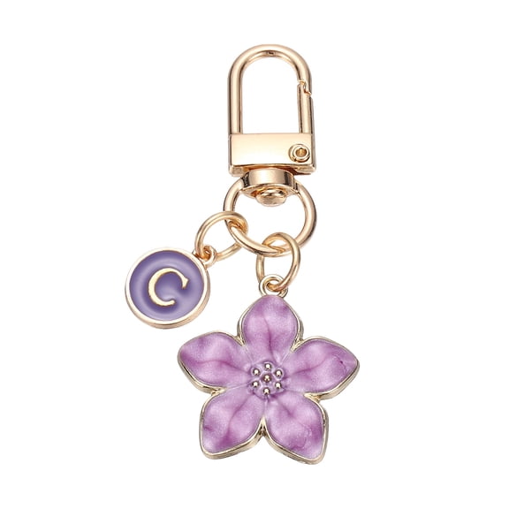 Uxcell Flower Initial Keychain, Letter Keychain Charm Graceful Flower with Letter C for Women Pendant Key Wallet Handbag Backpack Bag Accessories, Purple