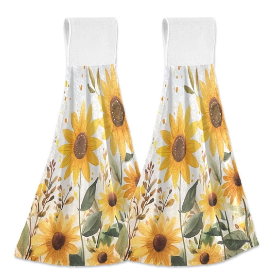 Yayeee Kitchen Hanging Hand Towels Set of 2 with Loop Bathroom Absorbent Tie Towel, Beige Sunflowers