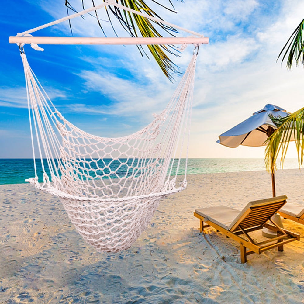 Hammock Chair - Large Cotton Rope Hanging Chair Swing with Wood Bar - Comfortable, Lightweight 