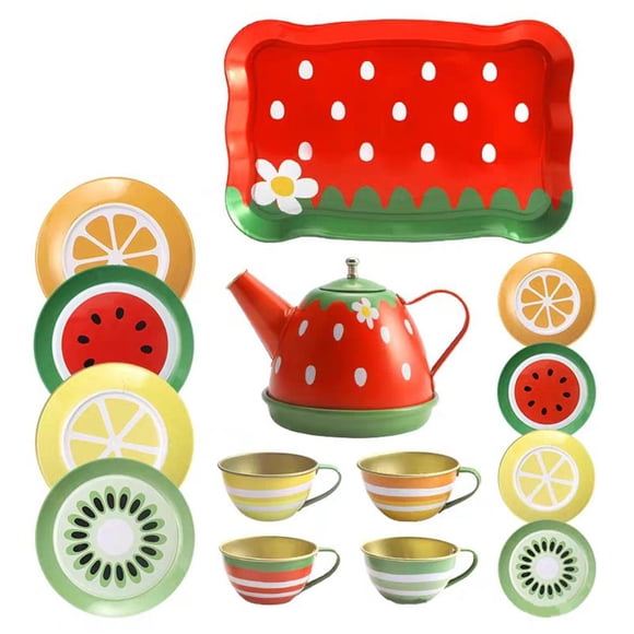 ZOUBAOQ Metal Tea Set Toy 14Pcs, Realistic Kids Pretend Play, Durable Tea Kit Party