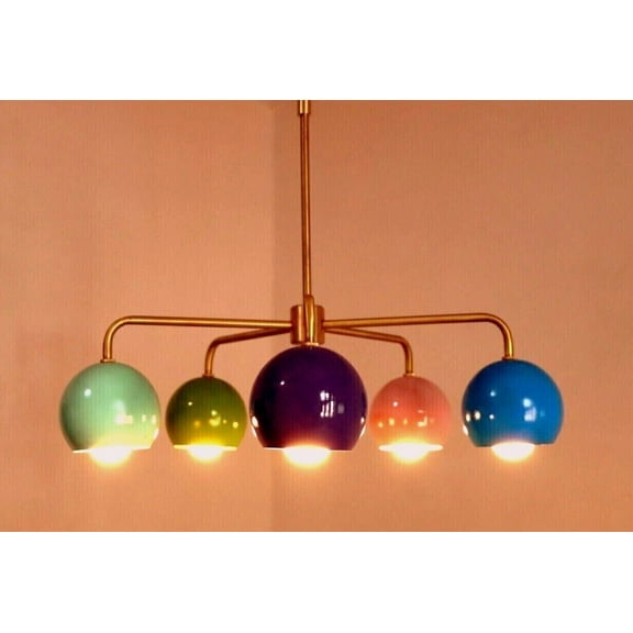Mid Century Style Eyeball Shade Brass Sputnik Chandelier Multicolored Arms Light