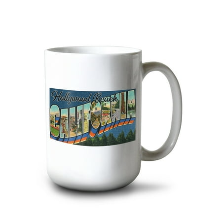 

15 fl oz Ceramic Mug Hollywood Beach California Greetings From California Vintage Postcard Dishwasher & Microwave Safe