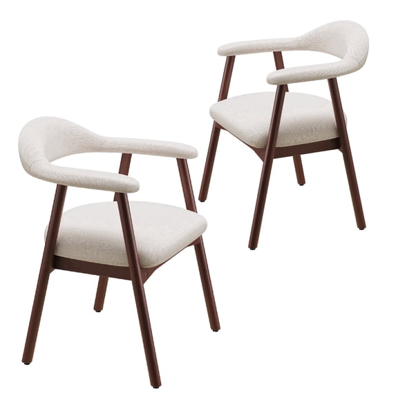 AFO Upholstered Dining Chairs Set of 2, Mid-Century Modern Fabric Kitchen Arm Chairs with Rubberwood Frame, Beige