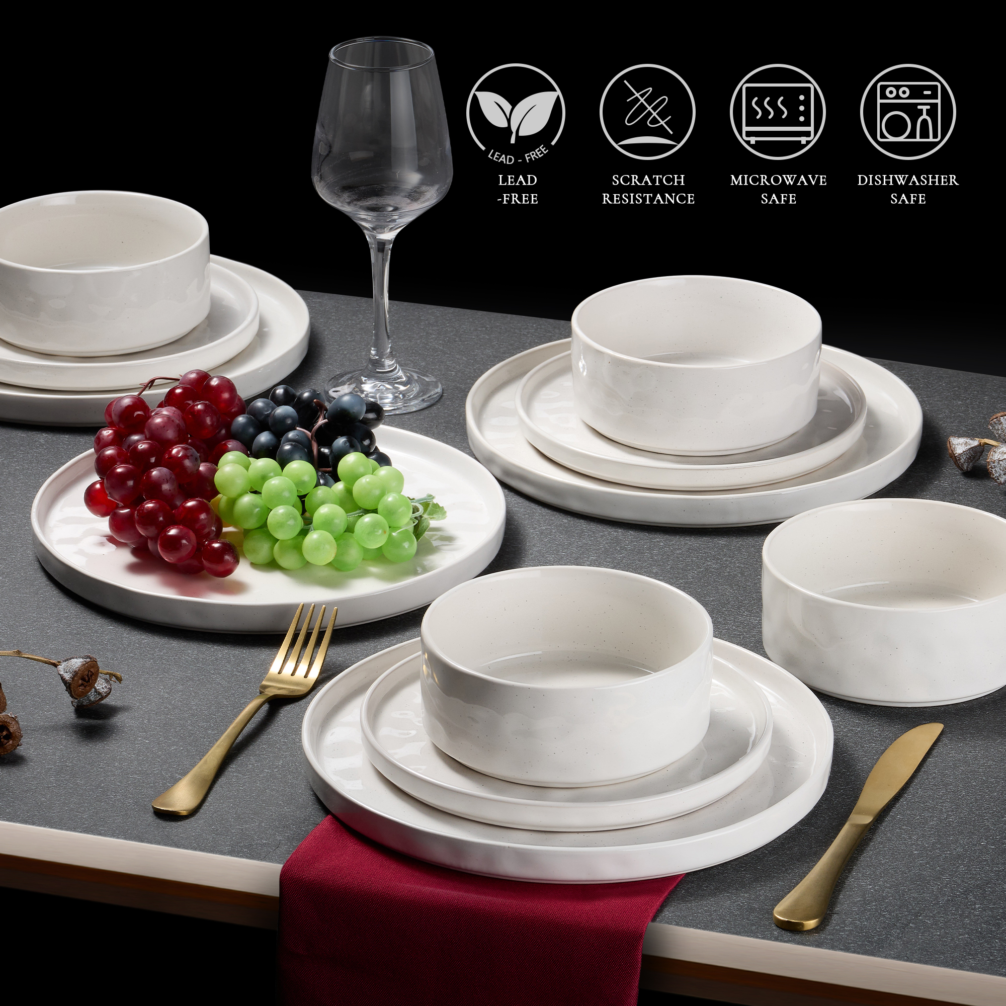 Vesteel 12-Piece Stoneware Dinnerware Set for 4, Speckled White photo 7