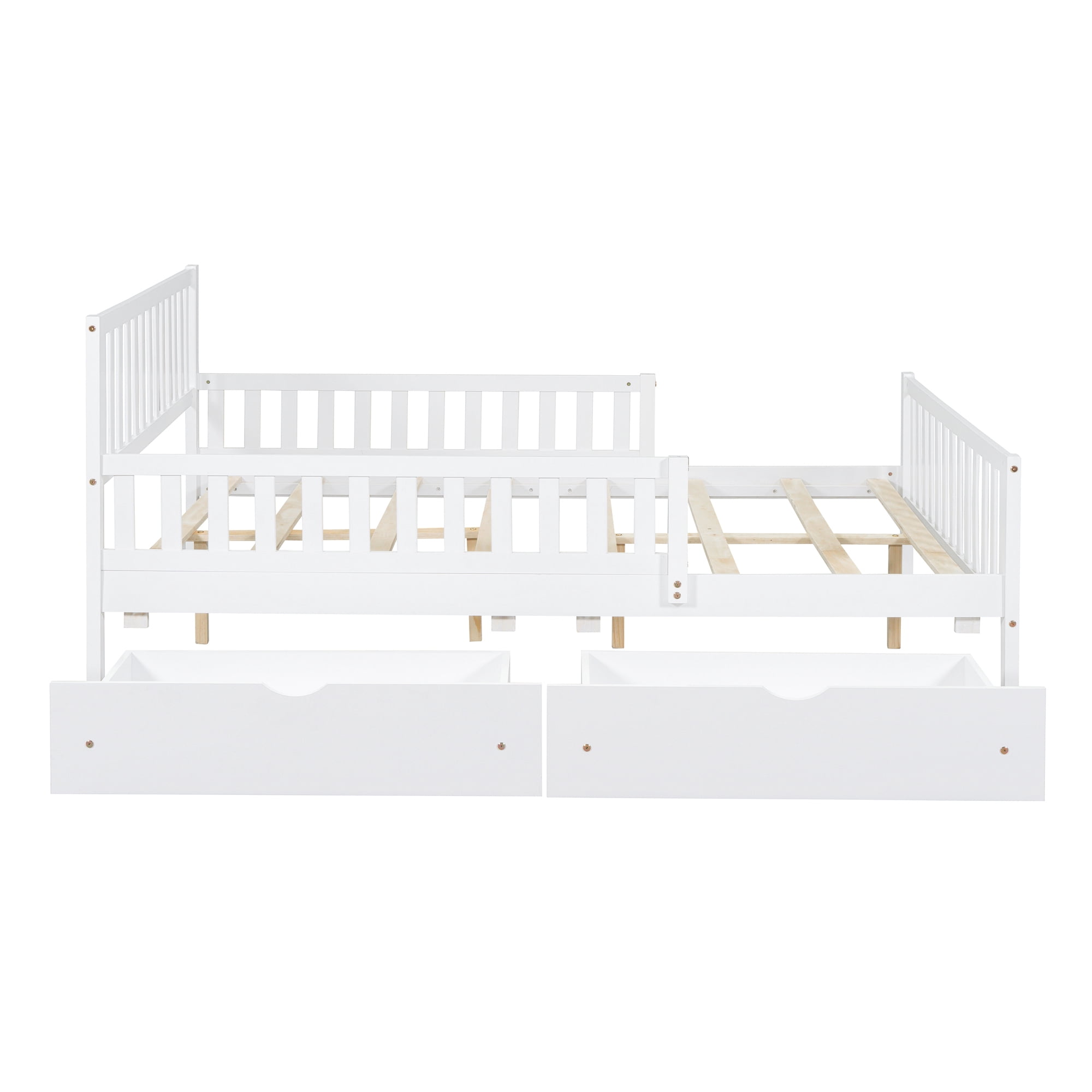 Aukfa Full Size Platform Bed with Storage Drawers and Safe Rails, Wood Bed Frame, White