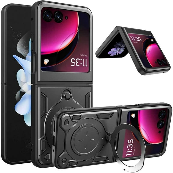 for Motorola Razr  2023 Case,Razr Plus 2023 Case Metal Stand Ring Holder,Protector Case for Women Men,Slim Bumper Full Protection Shockproof Cases Cover for Motorola razr  2023 (Black)