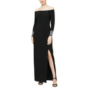 Alex Evenings Long Matte Jersey Off the Shoulder Gown with Beaded Cuff Long Sleeves (Womens, Black, 4)