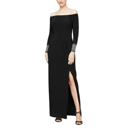 Alex Evenings Long Matte Jersey Off the Shoulder Gown with Beaded Cuff Long Sleeves (Womens, Black, 4)