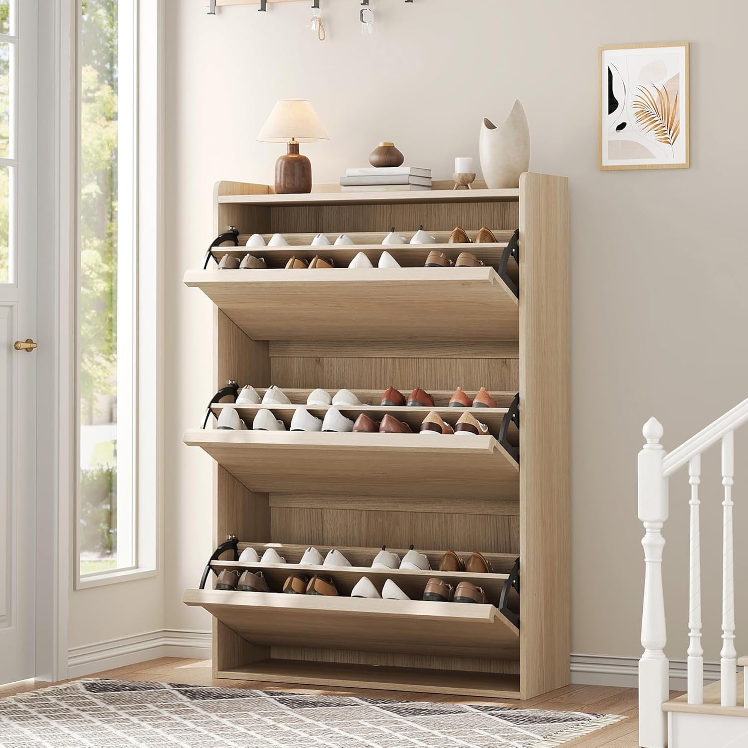 Shoe Cabinet with 3 Flip Drawers for Entryway, Hallway, Living Room, Natural Oak