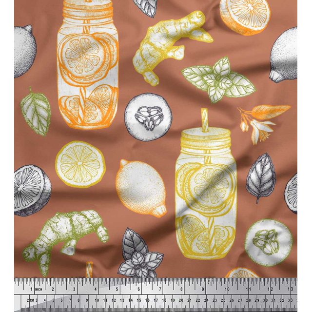 Soimoi polyester Crepe Fabric Lemon Slice Jar,Cucumber & Ginger Vegetable Decor Fabric Printed Yard 52 Inch Wide