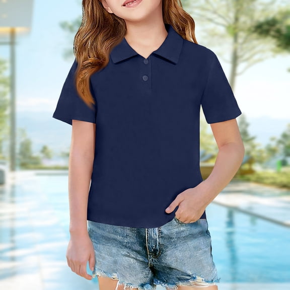Toddler Girls Cute Polo Shirts Front Button Neck Short Sleeve Uniform Tops Kids Casual Summer Tees, Navy 120