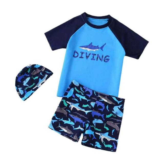 MIASHUI Boys Two Piece Rash Guard Swimsuits Kids Short Sleeve Swimwear Sets with Hat,Blue,11-12 Years