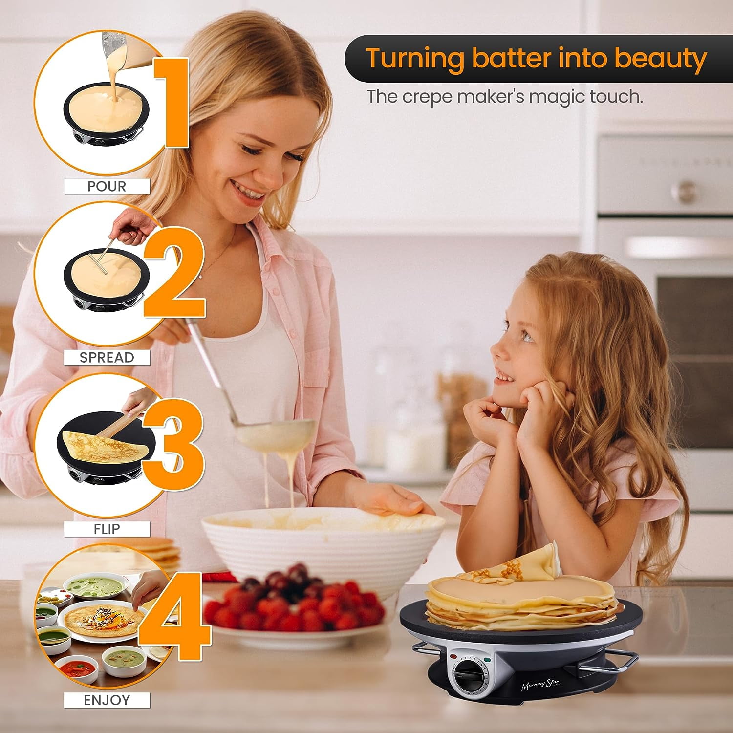 Morning Star Electric Crepe Maker with Large 13 Non-stick Griddle Ideal  for Pancakes, Tortillas, Omelets, Quesadillas, Bacon & Lefse, with Batter  Spreader and Steel Handles 