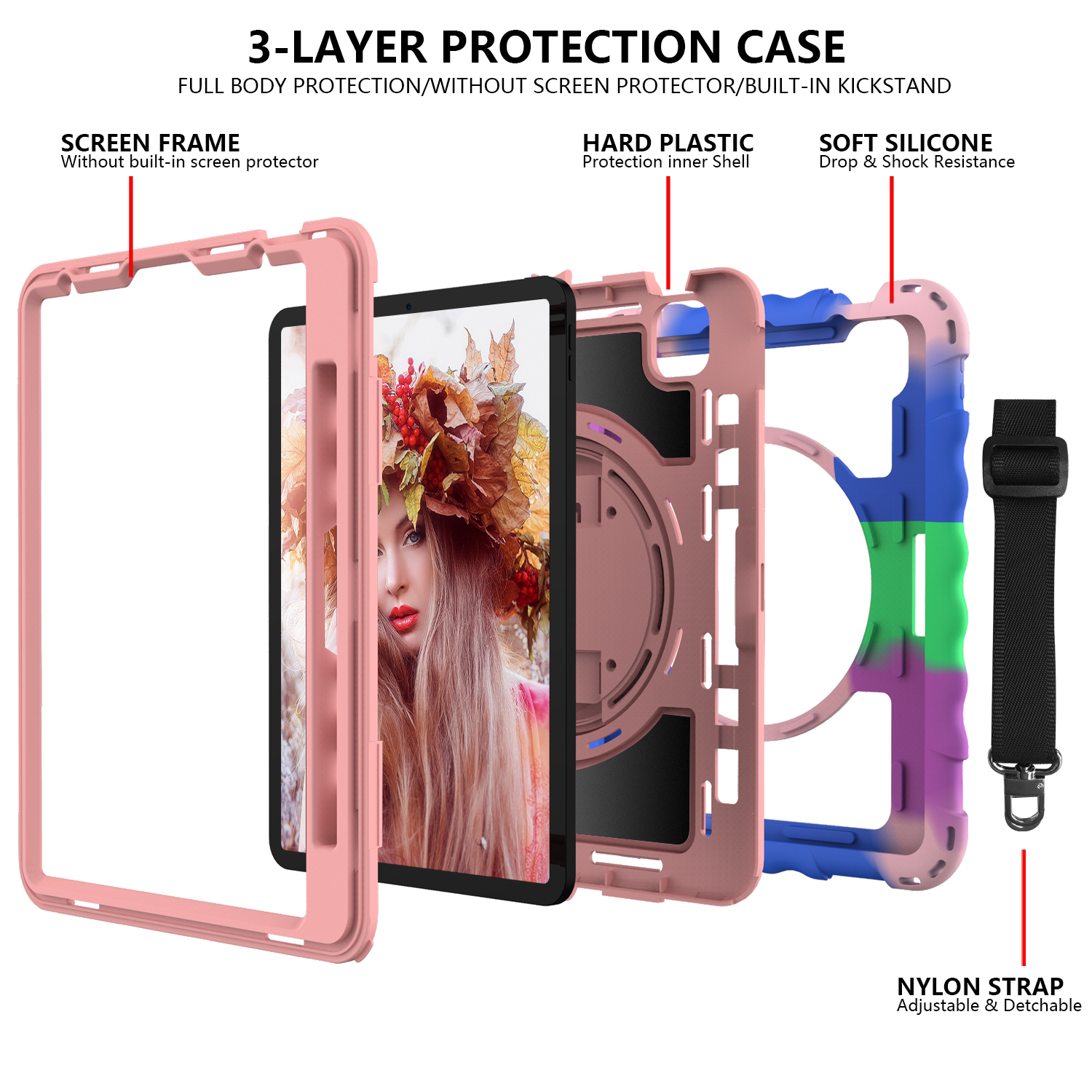 Allytech iPad Air 5 4 10.9 Case 2022/2020, Heavy Duty Shockproof Kids Case with Pencil Holder Hand Strap Kickstand Shoulder Strap for Apple iPad Air 5th 4th Generation 10.9 Inch -Rainbow/Rosegold