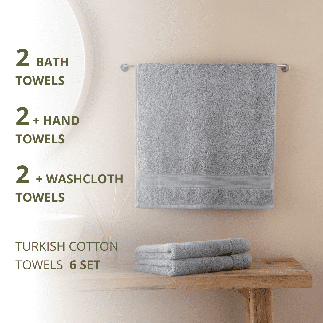 HOME ESSENTIALS 100% Cotton Luxury Turkish Wash Cloths and Bath Towels Set of 6, 600 GSM Lightweight Super Absorbent Travel Towels Pack, Quick Dry Towels for Spa, Hotel Bathroom Essentials, Grey