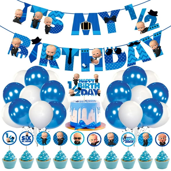Baby Boss Half Birthday Party Supplies, Boss Baby 1/2 Birthday Party Decorations for Boys with Its My Birthday Paper Banner Cake Topper Cupcake Toppers Balloons(Pack of 37)
