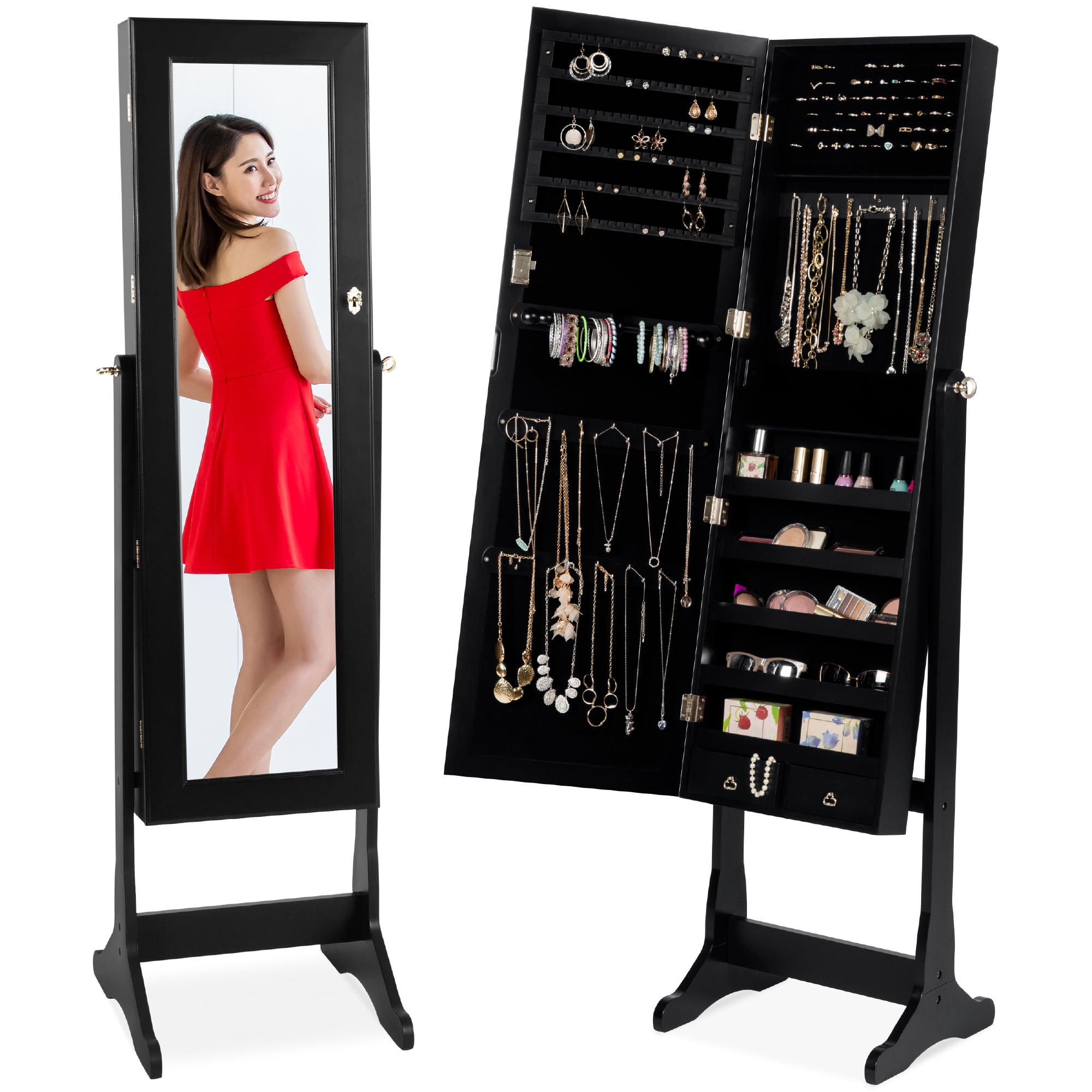 Mirrored Storage Jewelry Cabinet Armoire w/ LED lights Makeup Tray Drawer 
