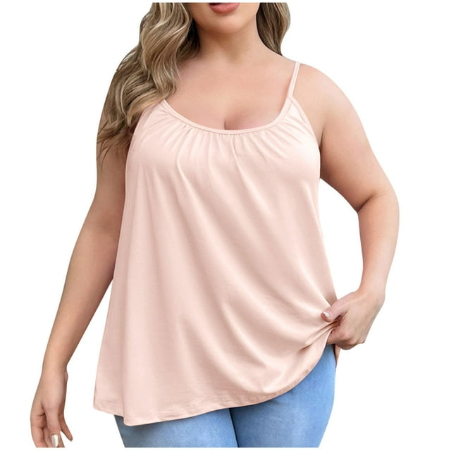 Hauts de Pyjama en Coton Grande Taille pour Femmes Rondes Bretelles Spaghetti Camisoles avec Soutien-Gorge Intégré Pyjamas Confortables Beige, TP