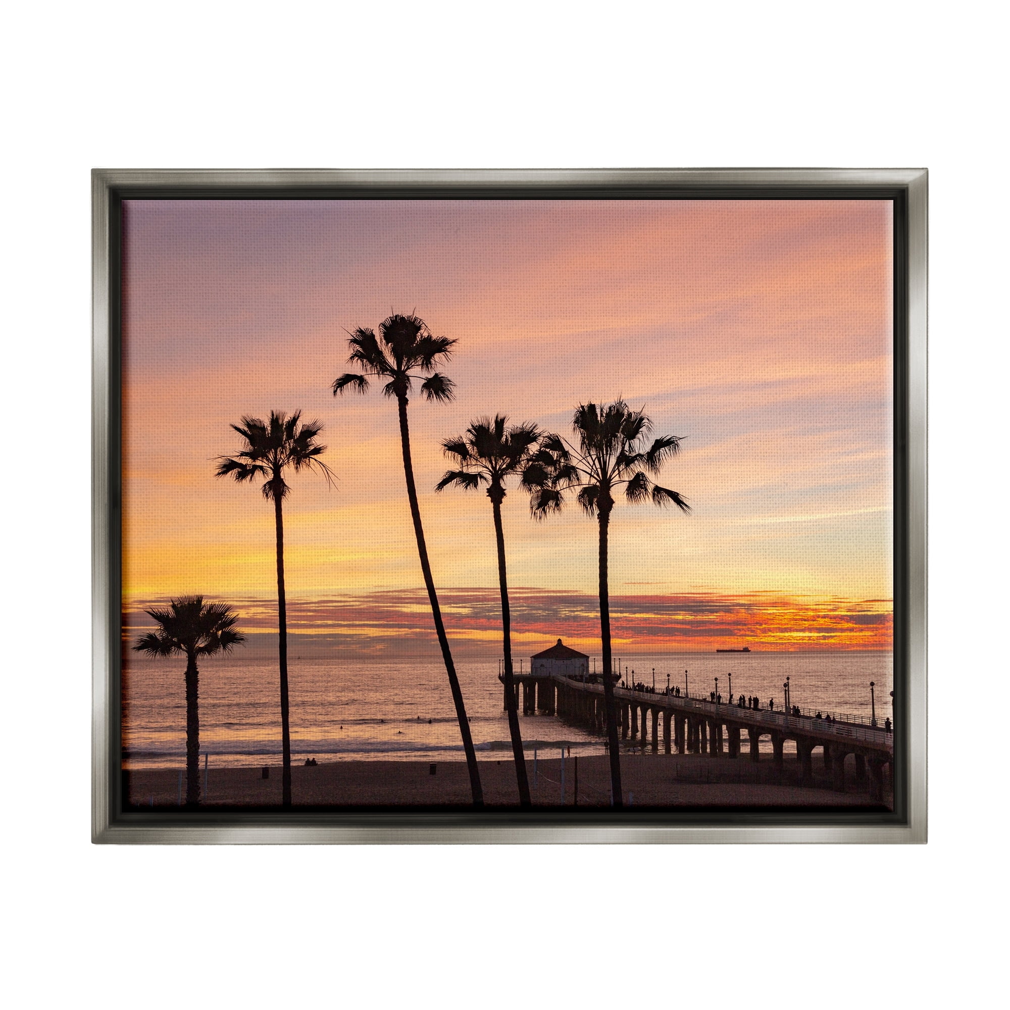 Stupell Industries Tropical Palm Tree Sunset Summer Pier Docks Photograph Luster Gray Floating Framed Canvas Print Wall Art, Design by Jeff Poe Photography