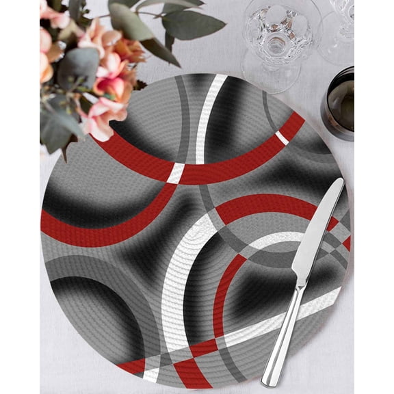 13 Inch Round Placemats Set of 6, Grey Geometric Non Slip Heat Insulation PP Table Mats, Modern Abstract Black White Red Striped Washable Place Mats for Kitchen Dining Party Table Decor