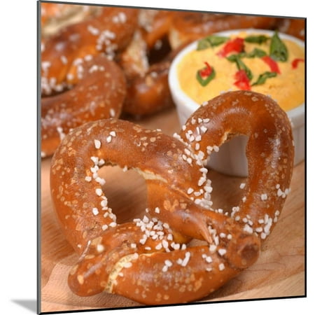 Cheddar Pretzel - Delicious and Rustic Fresh German Style Pretzel Served with a Cheddar Cheese Spread Wood Mounted Print Wall Art By HHLtDave5