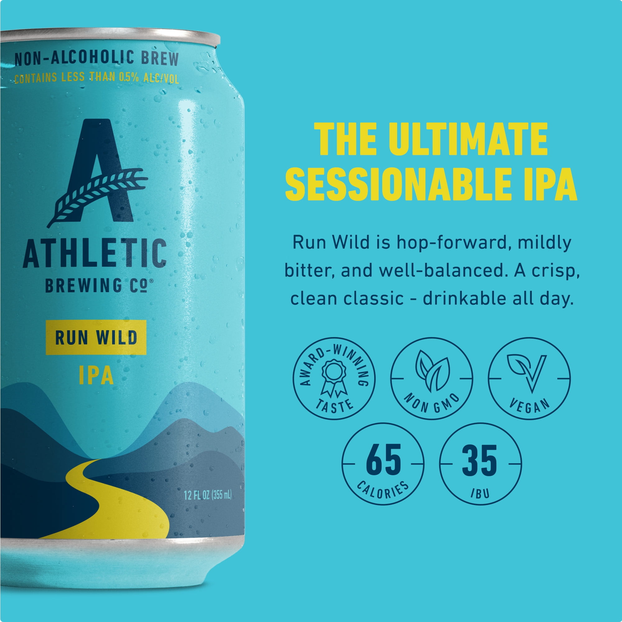 Athletic Brewing Non-Alcoholic Beer, Run Wild IPA + Upside Dawn Golden, 12 fl oz Cans, Pack of 24, 0.5% ABV