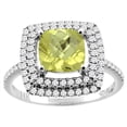 thumbnail image 1 of 14K White Gold Natural Lemon Quartz Ring Cushion Cut 7x7 mm Double Halo Diamond Accents, size 6, 1 of 3