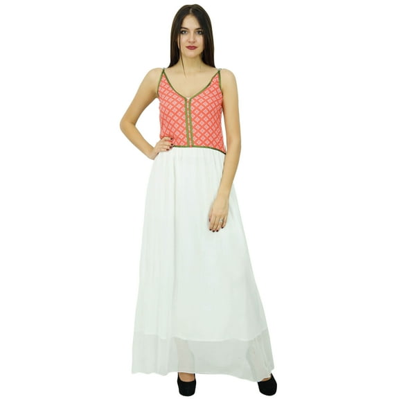 Bimba Womens White Maxi Dress Spaghetti Strap Georgette Casual Holiday Sumer Dresses