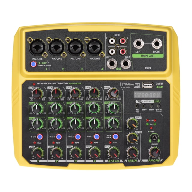 Muslady B6 Mezclador de Audio Portátil de 6 Canales Consola de Mezcla USB Soporta Conexión BT con Tarjeta de Sonido Incorporada 48V de Alimentación Phantom