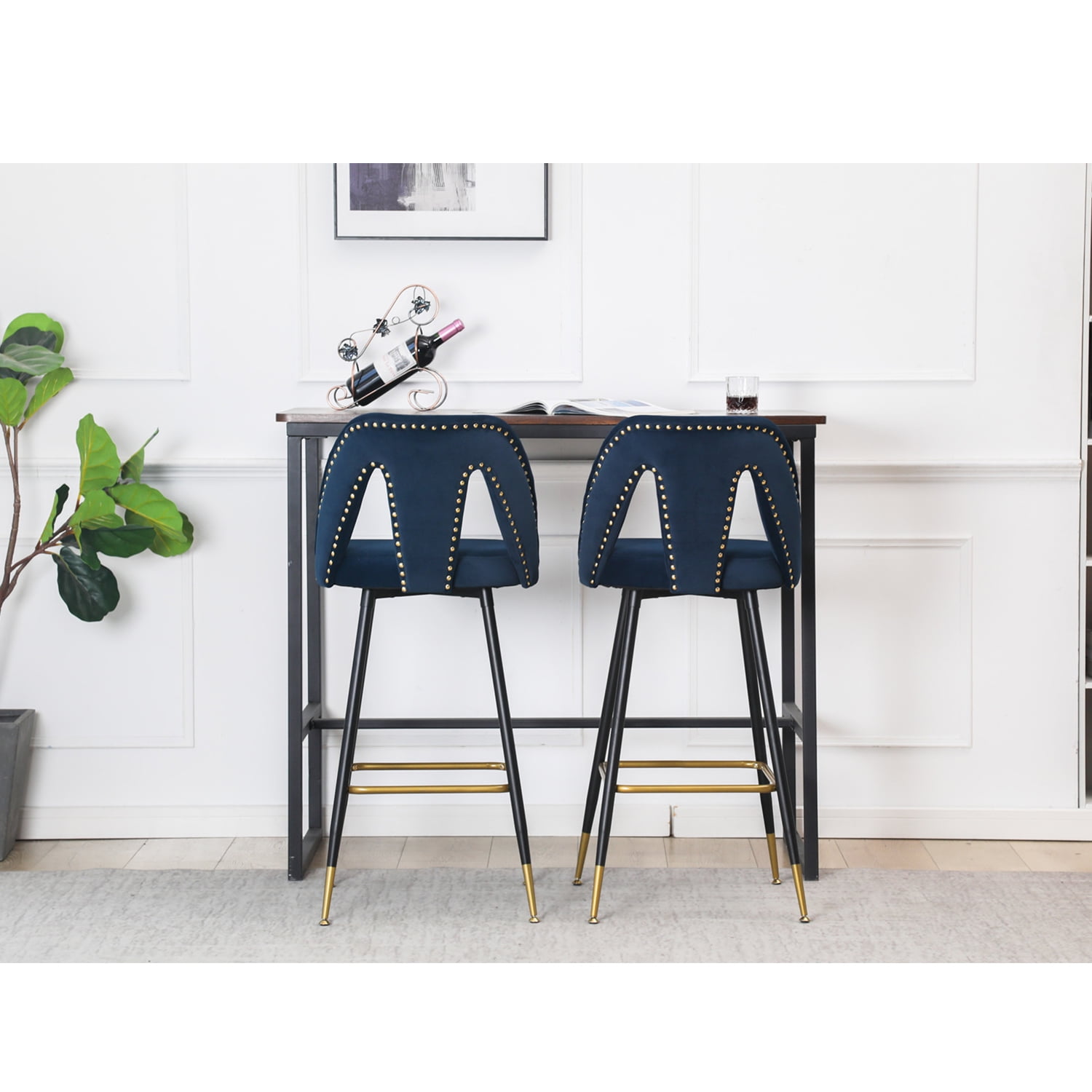 Kadyn Upholstered Counter Stool with Metal Leg, 28" Bar Stools Set of 2, Counter Height Stools with Back for Living Room, Blue