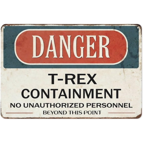Vintage Sci-Fi Metal Tin Sign, T-Rex Containment Danger Wall Art, 8x12 Inch Rustic Home Game Room Office Plaque Decor