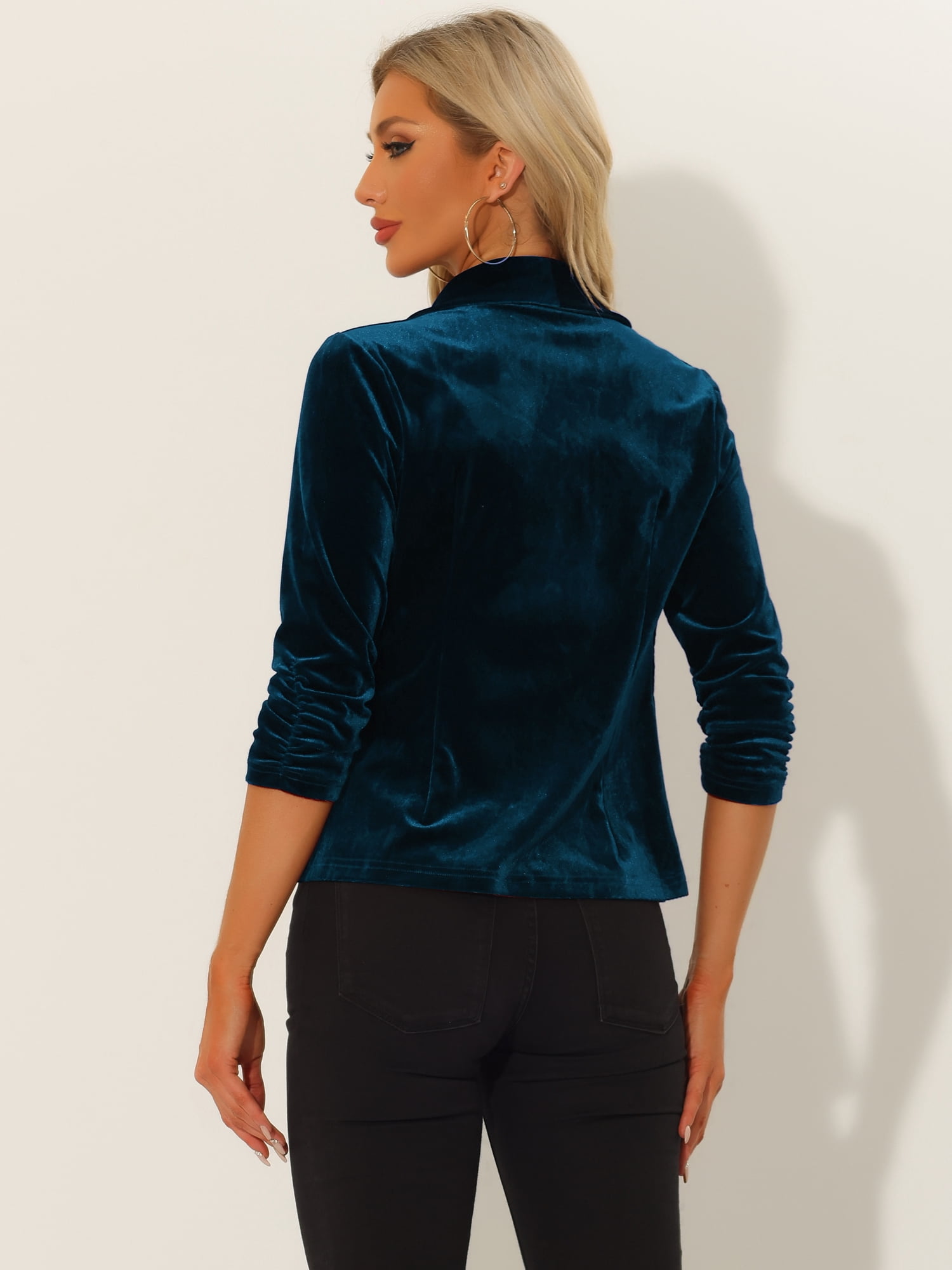 DARING DIVA Women's Velvet Shawl Lapel Collar Open Front Cardigans XS Peacock Blue