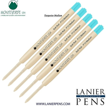 Lanier Combo Pack - 5 Pack - Monteverde SoftRoll Ballpoint P13 Paste Ink Refill Compatible with most Parker Style Ballpoint Pens - Turquoise (Medium Tip 0.7mm)